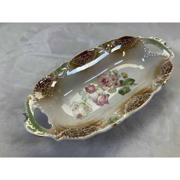 Antique German Transferware Porcelain Dish Candy Relish Trinket Pink Rose Floral - Picture 6 of 6